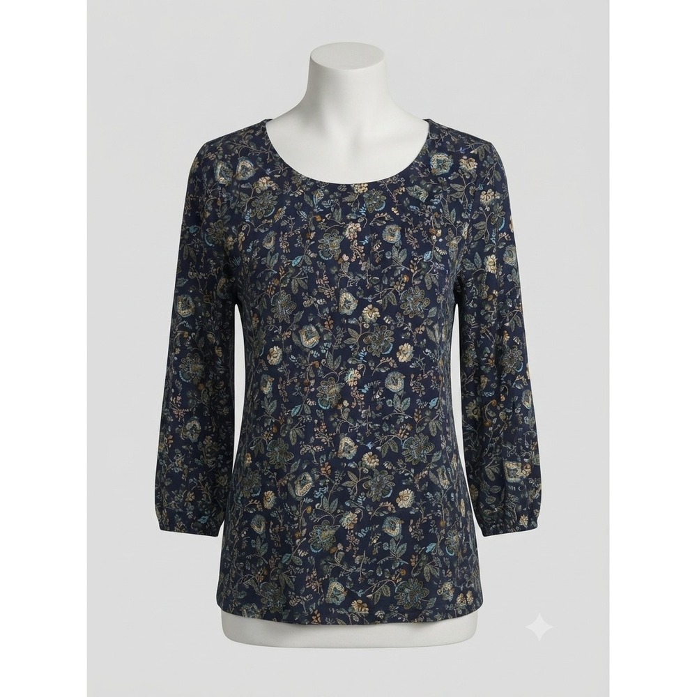 Croft & Barrow Womens Navy Blue Floral Paisley Long Sleeve Blouse Top Small